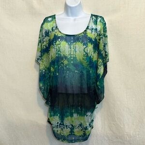 I-20 PerSeption Green Blue & White Cold Shoulder Flutter Sleeve Blouse Size 1X
